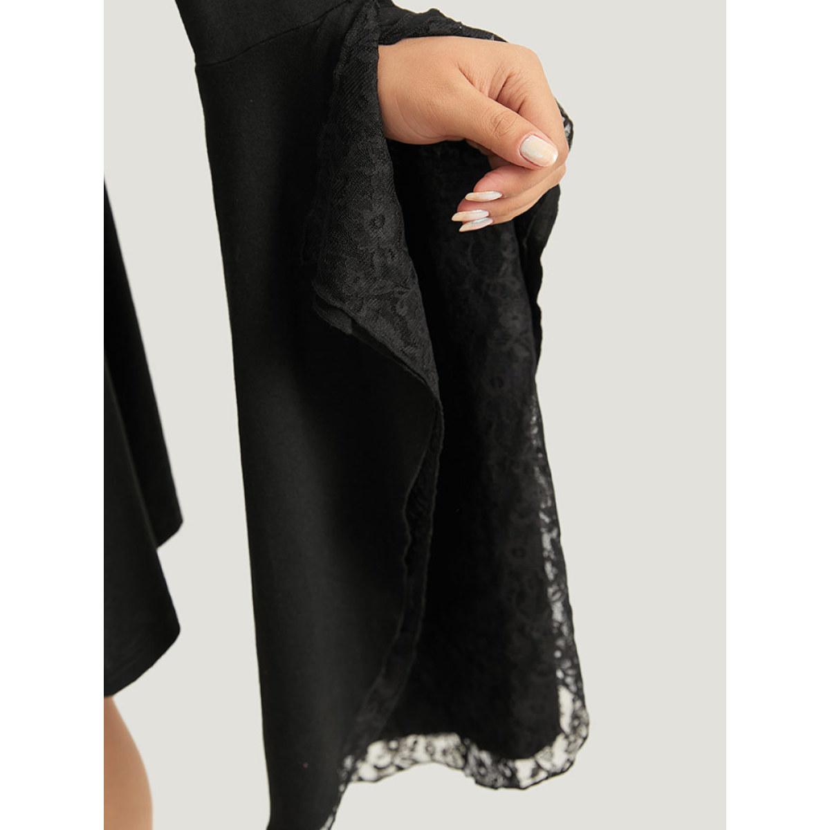Plus Size Halloween Crochet Lace Round Neck Bell Sleeve Dress Black Women Casual Plain Round Neck Long Sleeve Curvy Knee Dress BloomChic 22-24/3X Product Image
