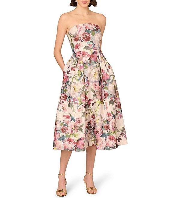 Aidan Mattox Strapless Floral Print Jacquard Fit & Flare Midi Dress Product Image