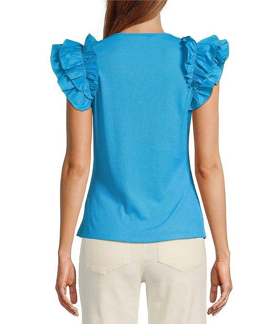 Sugarlips Scooped Neck Ruffle Shoulder Cap Sleeve Ribbed Mixed Media Top Product Image
