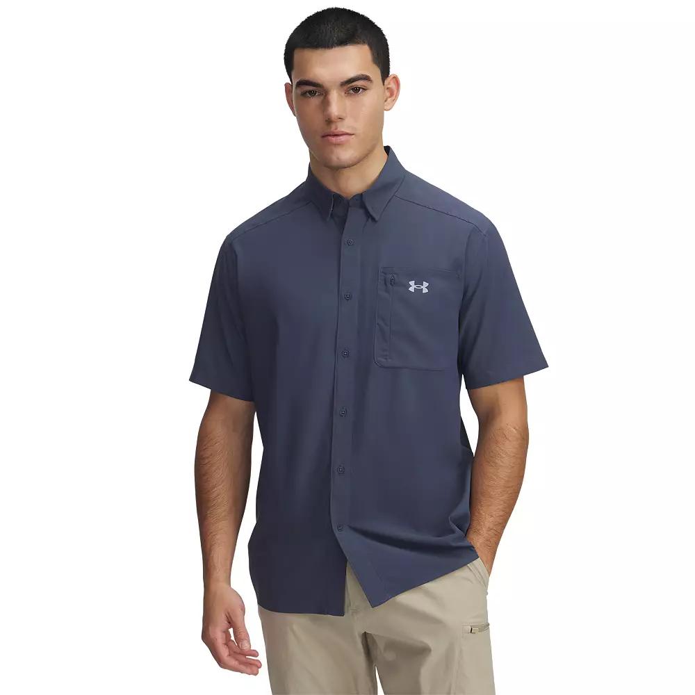 Men's Under Armour UPF 30 Drift Tide 2.0 Fitted Performance Short Sleeve Button-Down Shirt, Size: Medium, Downpour Gray Product Image