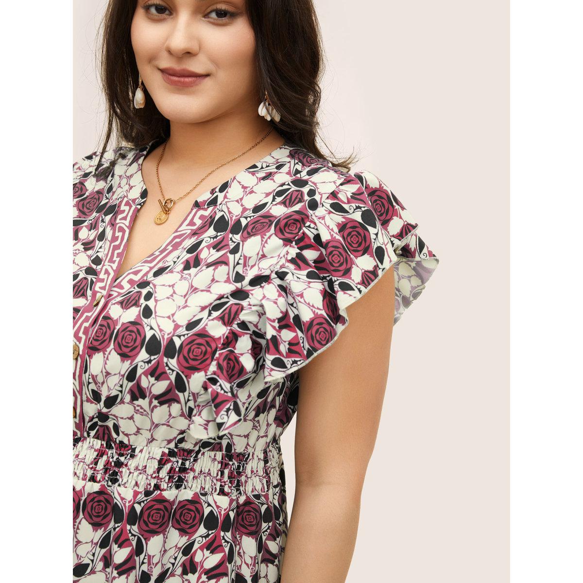 Plus Size Boho Print Ruffles Shirred Pocket Elastic Waist Dress Russet Women Boho Non Notched collar Cap Sleeve Curvy Midi Dress BloomChic 12/L Product Image