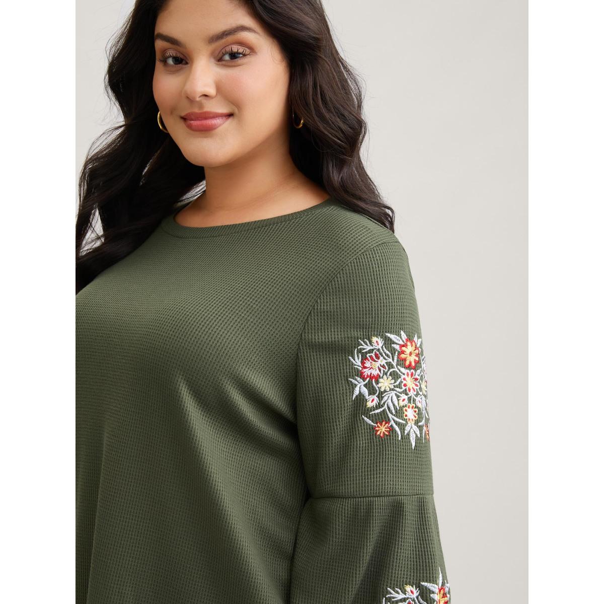 Plus Size Waffle Knit Floral Embroidered Lantern Sleeve T-shirt ArmyGreen Women Leisure Texture Floral Round Neck Casual T-shirts BloomChic 14-16/1X Product Image