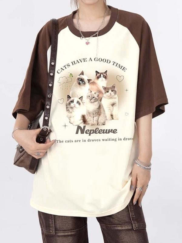 Vintage Cat Print Raglan Oversized Short Sleeve Tee Product Image