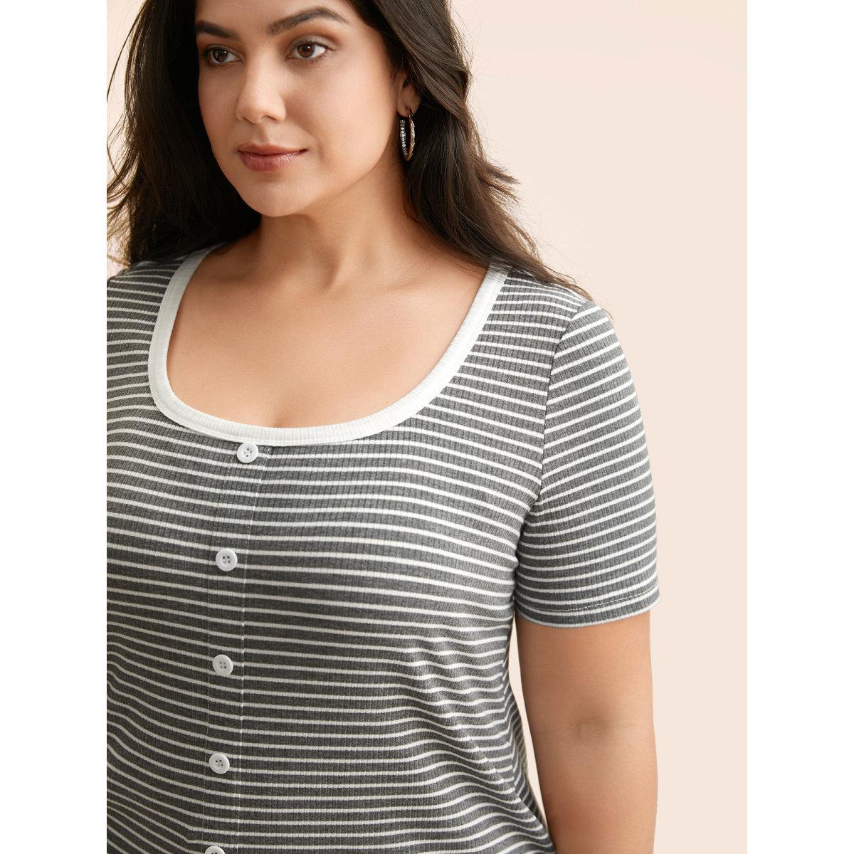 Plus Size U Neck Striped Button Detail T-shirt DimGray Women Casual Texture U-neck Everyday T-shirts BloomChic 12/L Product Image