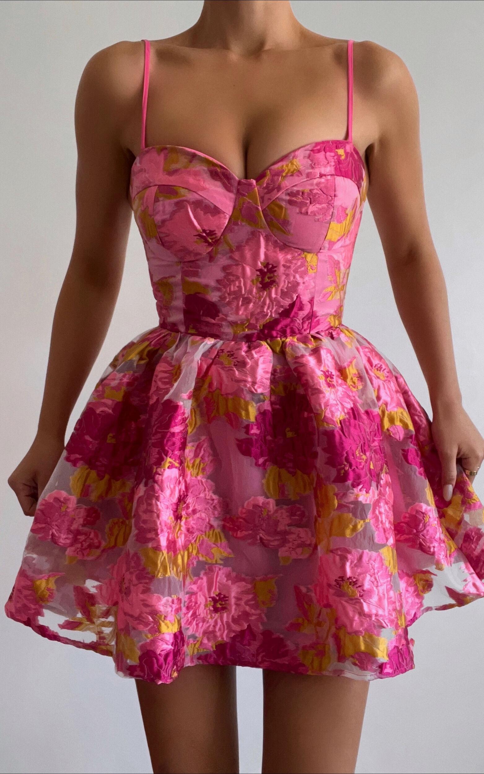 Brailey Mini Dress - Sweetheart Bustier Dress in Pink Jacquard Product Image