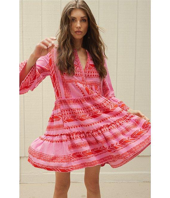 ELAN Arrow Geo Print Split V-Neck 3/4 Bell Sleeve Babydoll Dress Product Image