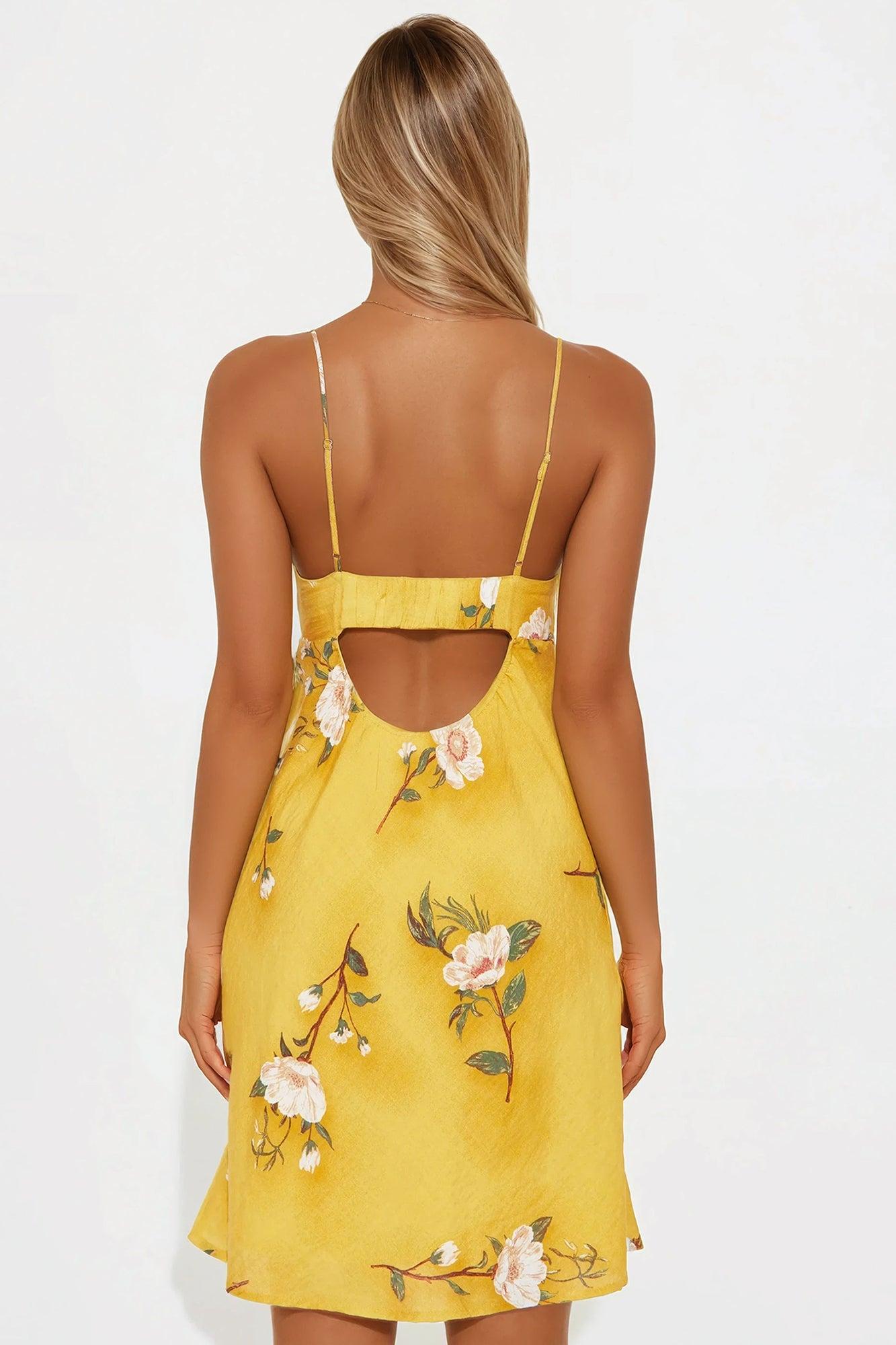 Eva Linen Floral Mini Dress - Mustard Product Image