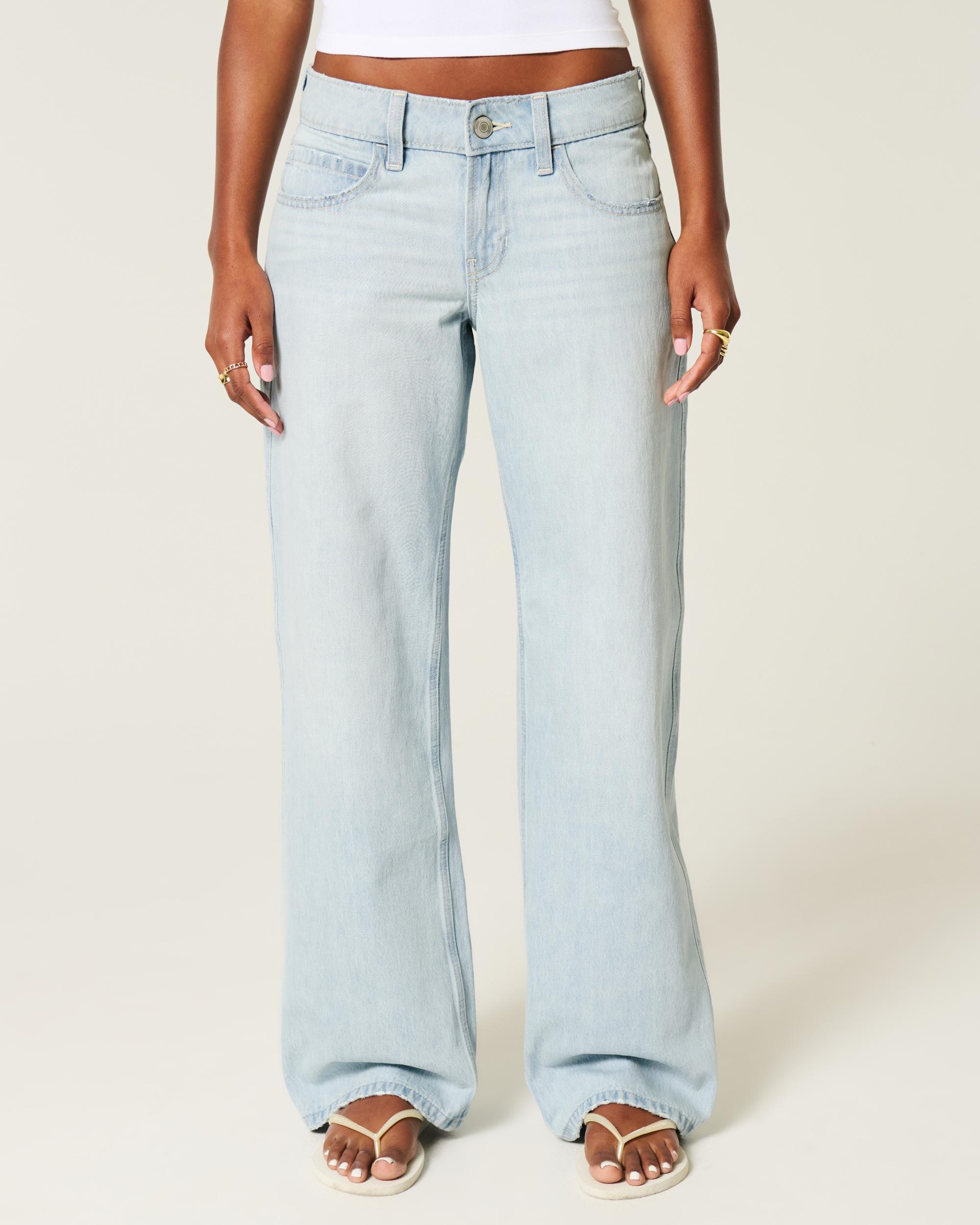 Low-Rise Light Wash Foldover Waist Baggy Jeans Product Image