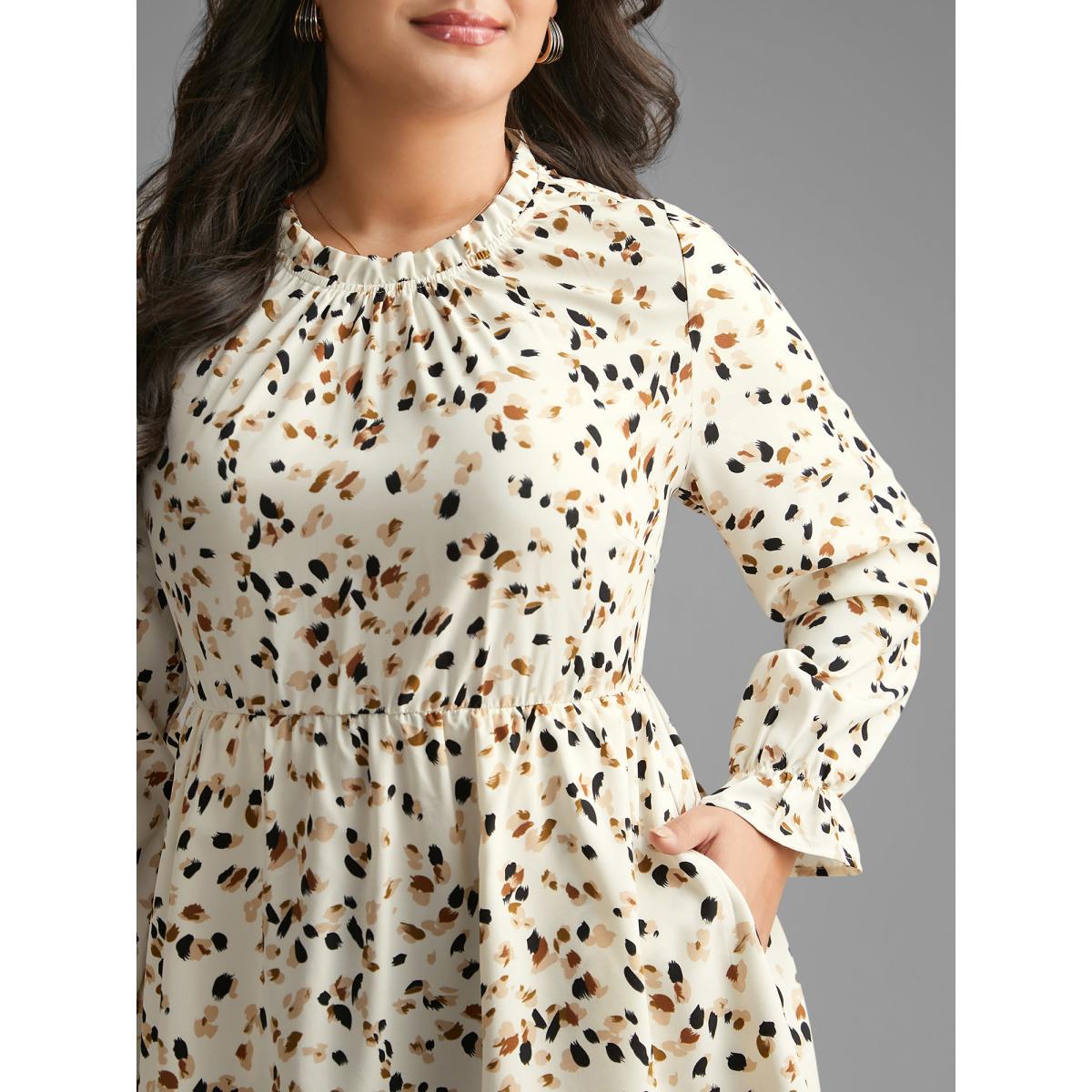 Plus Size Beige Color Leopard Print Frill Trim Blouse Women Elegant Long Sleeve Round Neck Everyday Blouses BloomChic 12/L Product Image