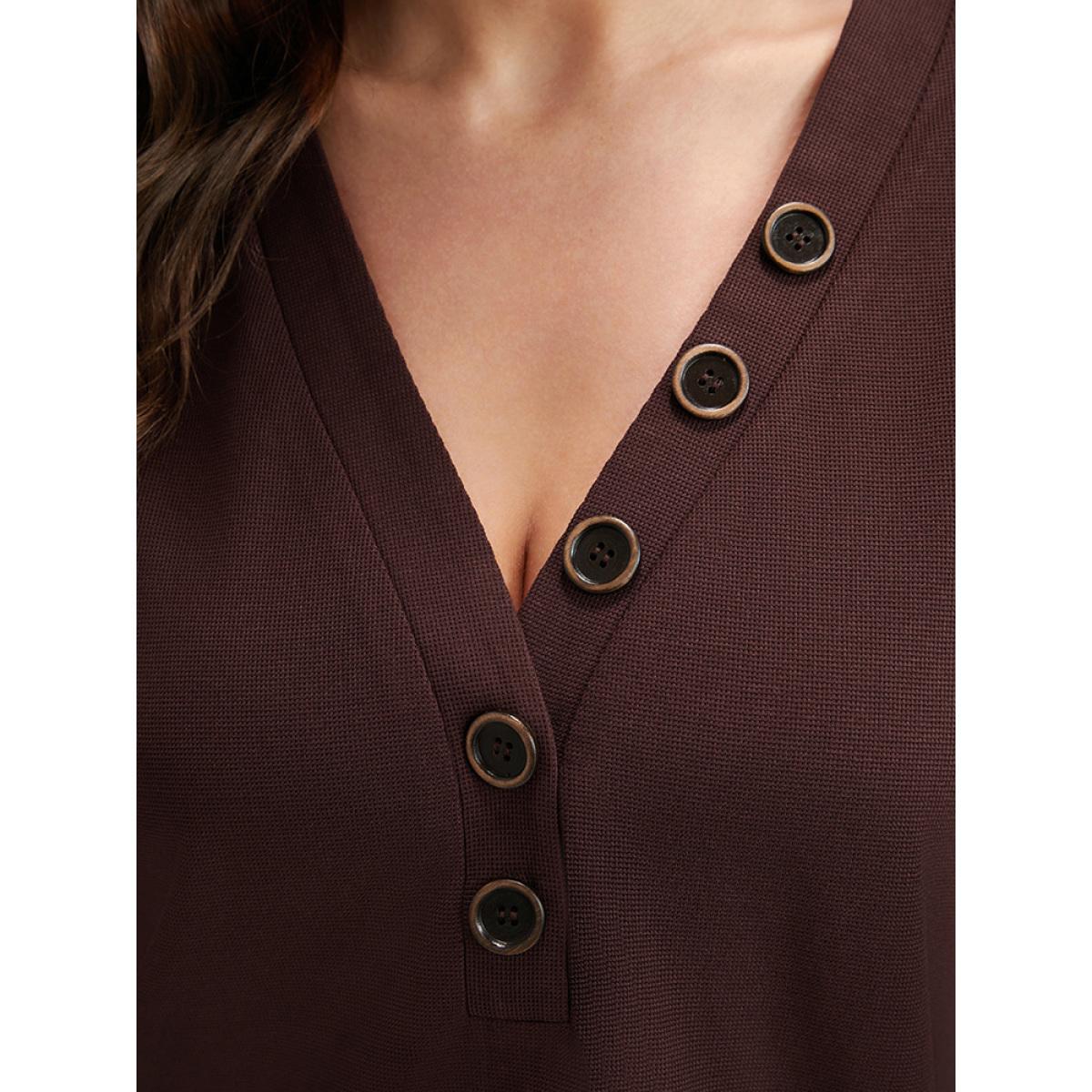 Plus Size Solid Cuffed Sleeve Split Hem Long Tee Burgundy Women Casual Button Plain V-neck Office T-shirts BloomChic 14-16/1X Product Image