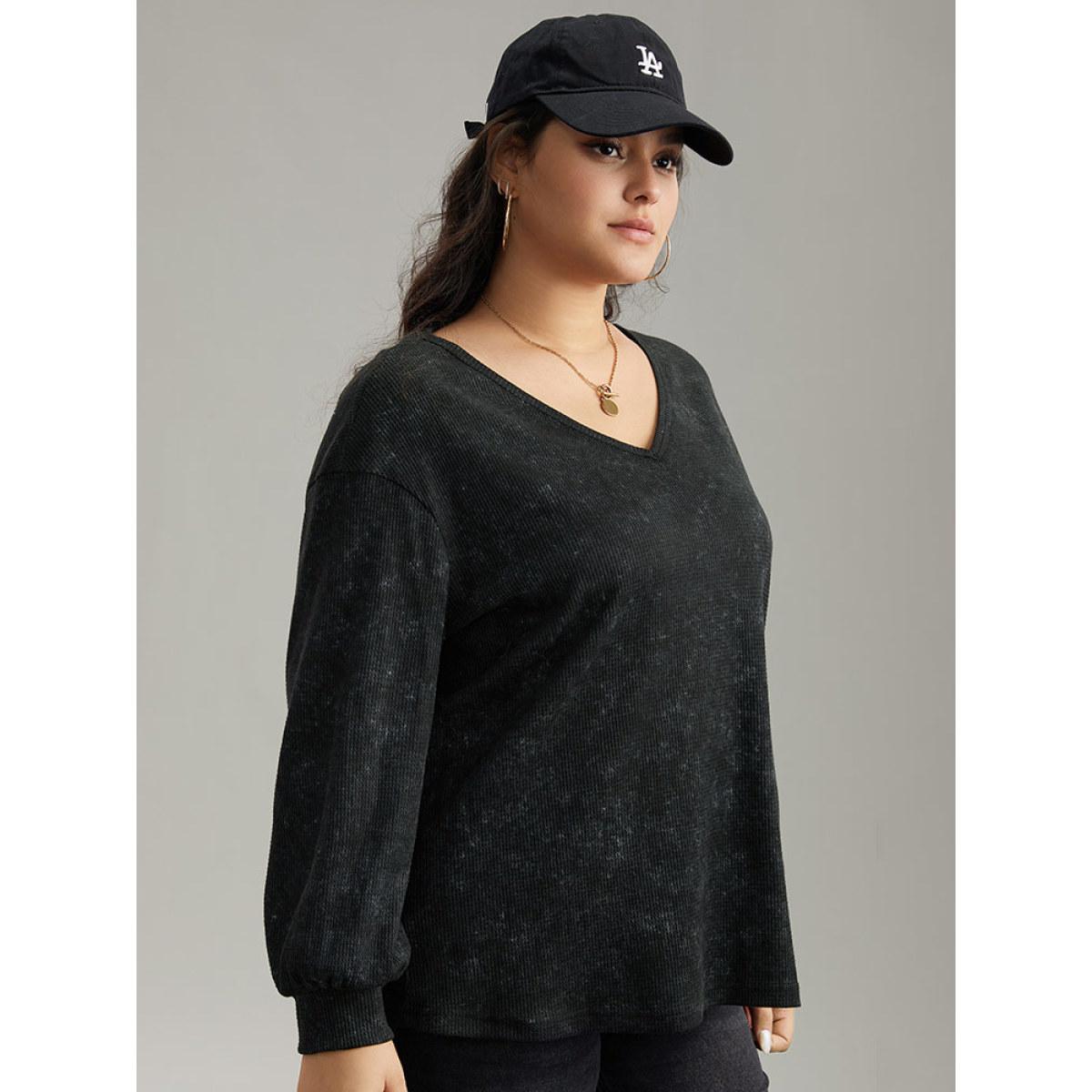 Plus Size Waffle Knit Heather V Neck T-shirt Black Women Casual Waffle Knit Plain V-neck Everyday T-shirts BloomChic 26/4X Product Image