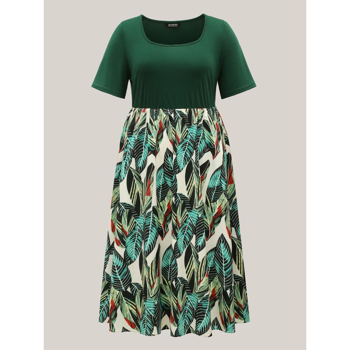 Plus Size Leafy Print Spliced Square Neck Midi Dress Truegreen Women Square Neck Short sleeve Curvy BloomChic 28/5X Product Image