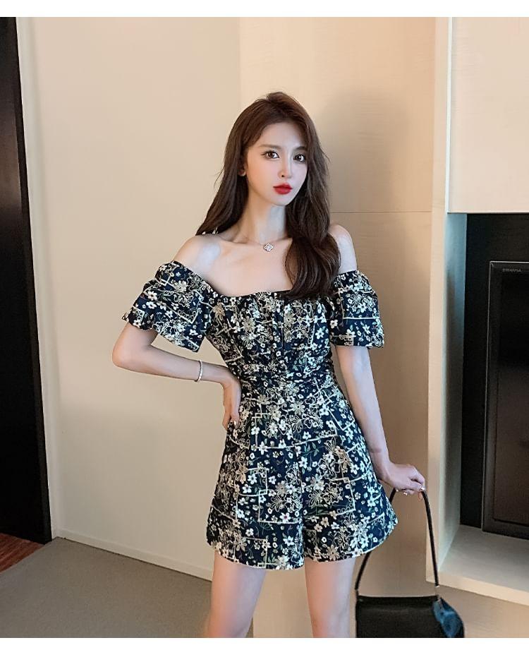 Short Sleeve Square Neck Floral Print Romper Product Image