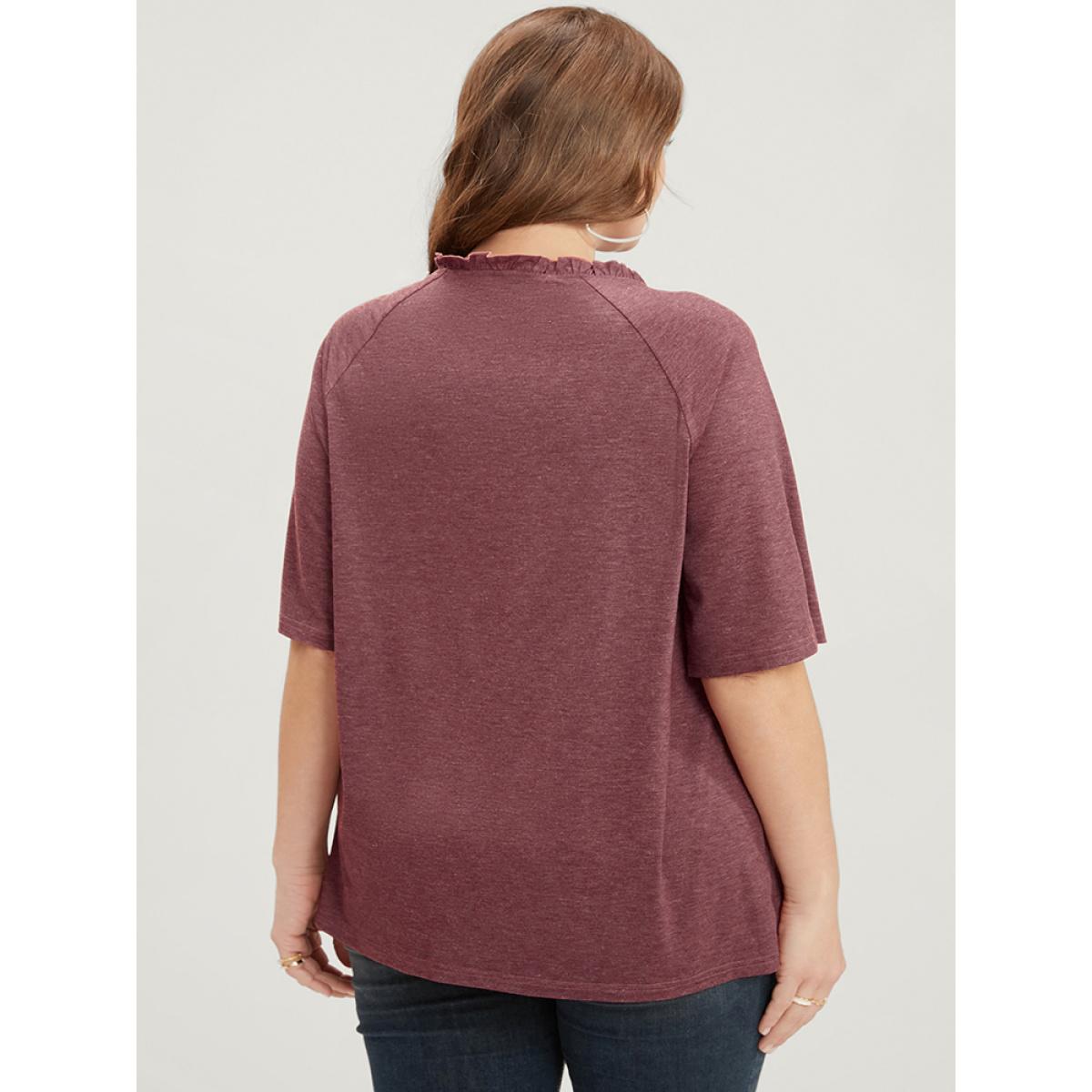 Plus Size Plain Ties Up Frill Trim Raglan Sleeve Tee Scarlet Women Casual Ruffles Plain V-neck Dailywear T-shirts BloomChic 28/5X Product Image