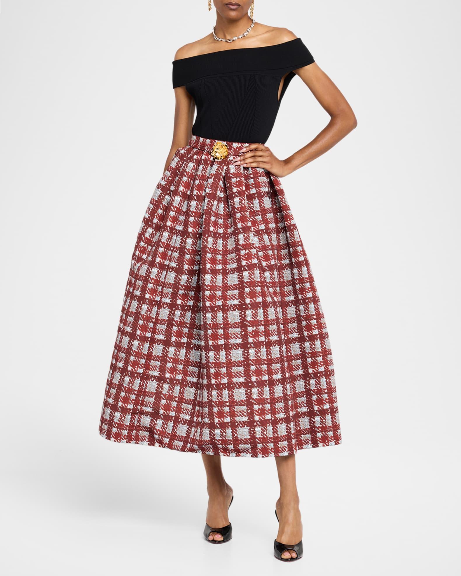 Textured Plaid-Print Pleated Midi Circle Skirt Product Image