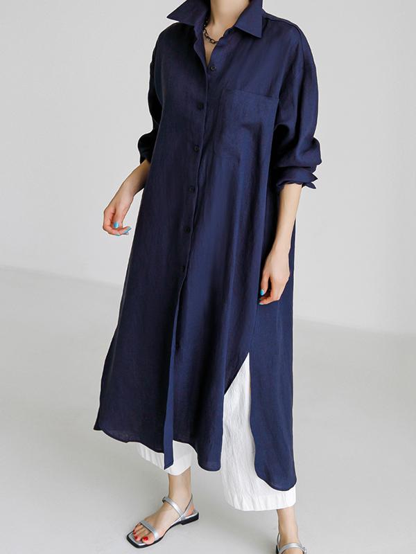 Simple Long Sleeves Split-Side Solid Color Lapel Midi Dresses Shirt Dress Product Image