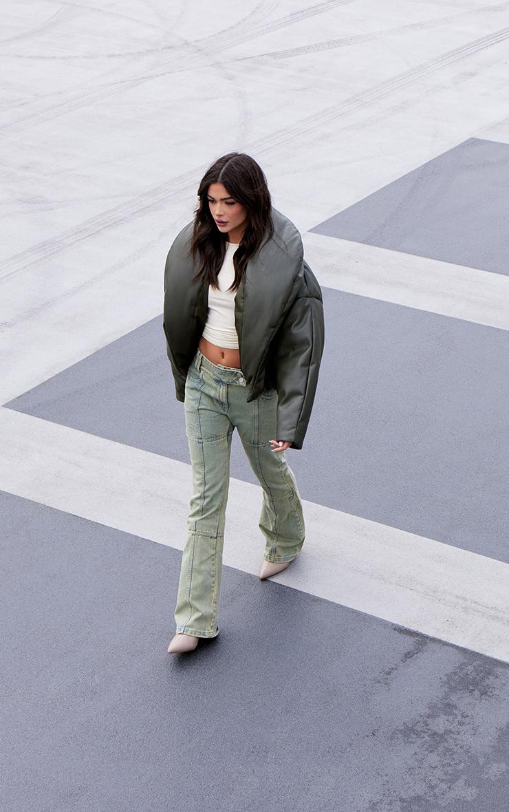 Khaki Exaggerated Collar PU Cropped Puffer Coat Product Image