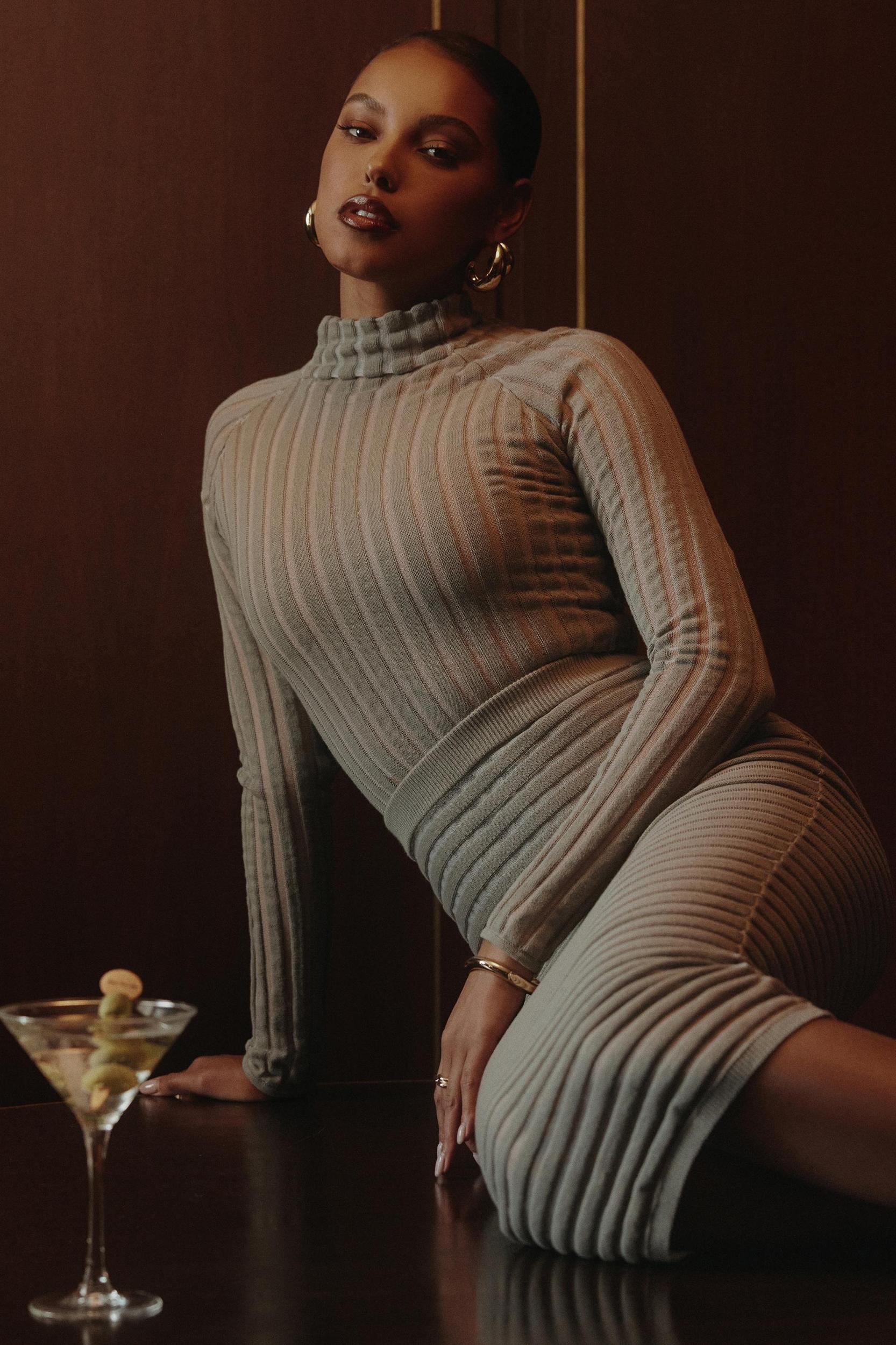 Rowena  grey velour sheer striped bodysuit Product Image