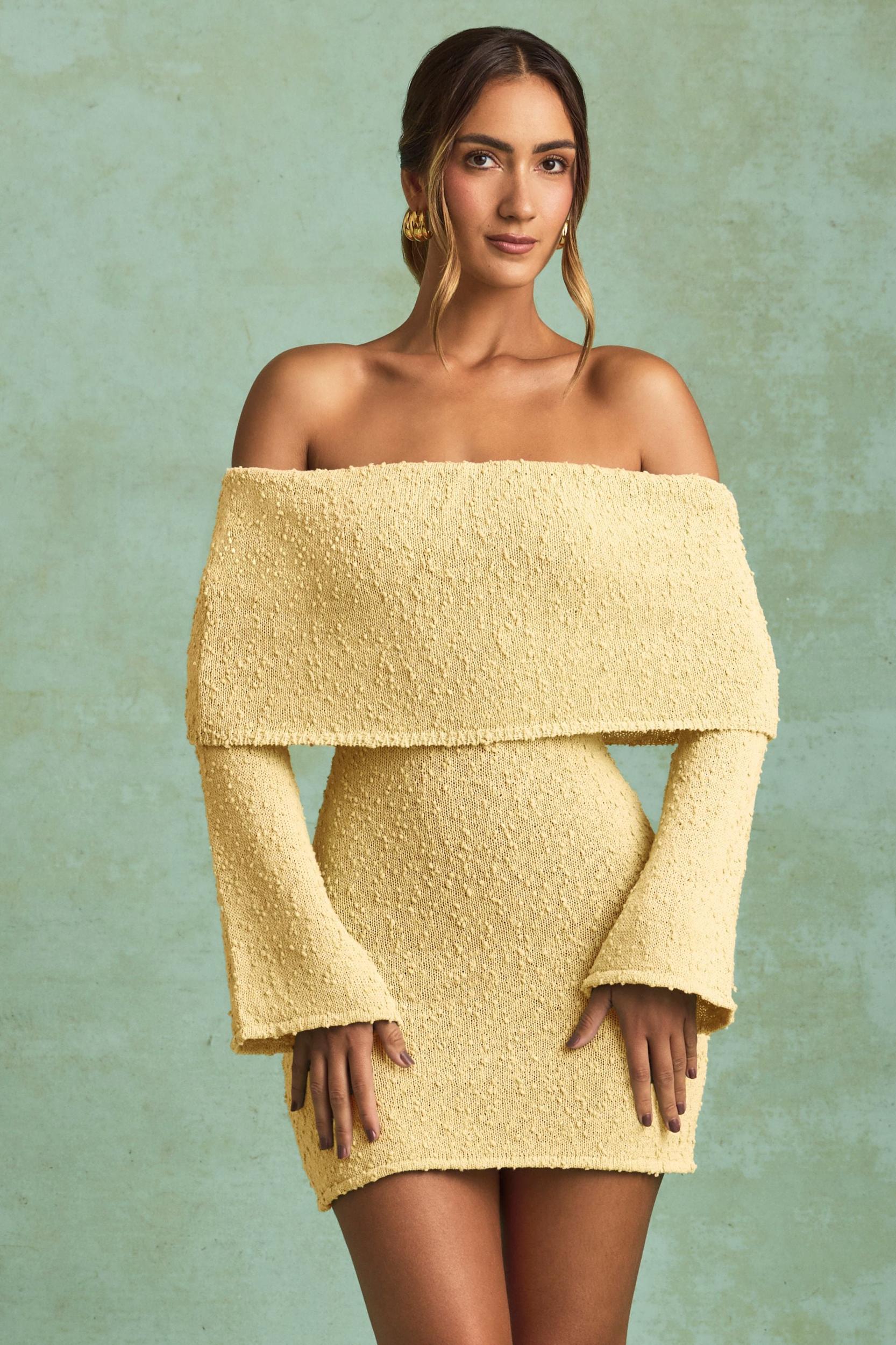 Bouclé Off-Shoulder Mini Dress in Yellow Product Image