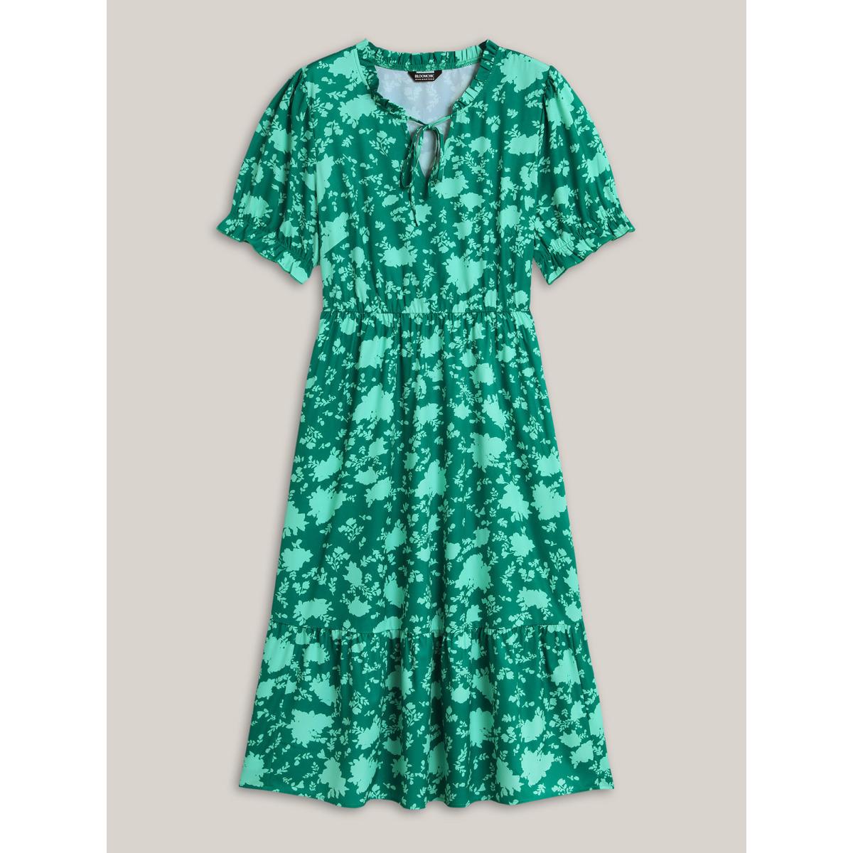 Plus Size Silhouette Floral Print Frill Trim Neck Dress Emerald Women Elegant Tie knot Flat collar with V-notch Short sleeve Curvy BloomChic 14-16/1X Product Image