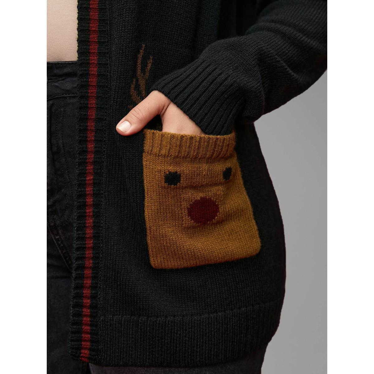 Plus Size Reindeer Pockets Contrast Placket Open Cardigan Black Women Casual Loose Long Sleeve Everyday Cardigans BloomChic 10/M Product Image