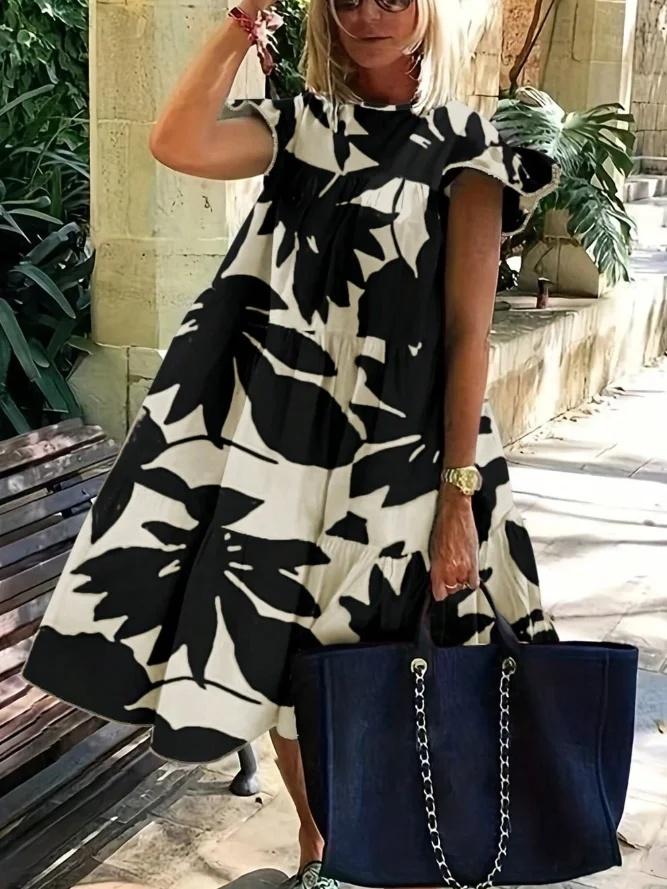 Loose Ruffle Sleeves Flower Print Pleated Round-Neck Midi Dresses Product Image