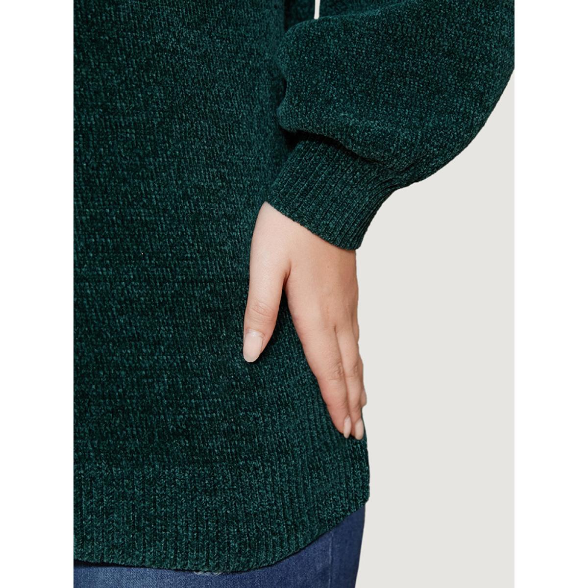 Plus Size Solid Chenille Knit Lantern Sleeve V Neck Knit Top DarkGreen Women Elegant Long Sleeve V-neck Dailywear Pullovers BloomChic 30/6X Product Image