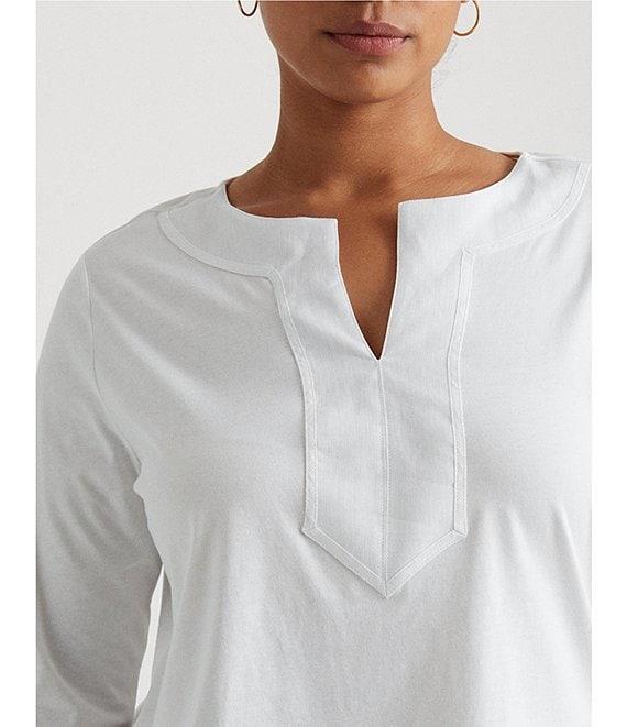 Lauren Ralph Lauren Plus Size Split Round Neck 3/4 Sleeve Woven Trim Knit Top Product Image