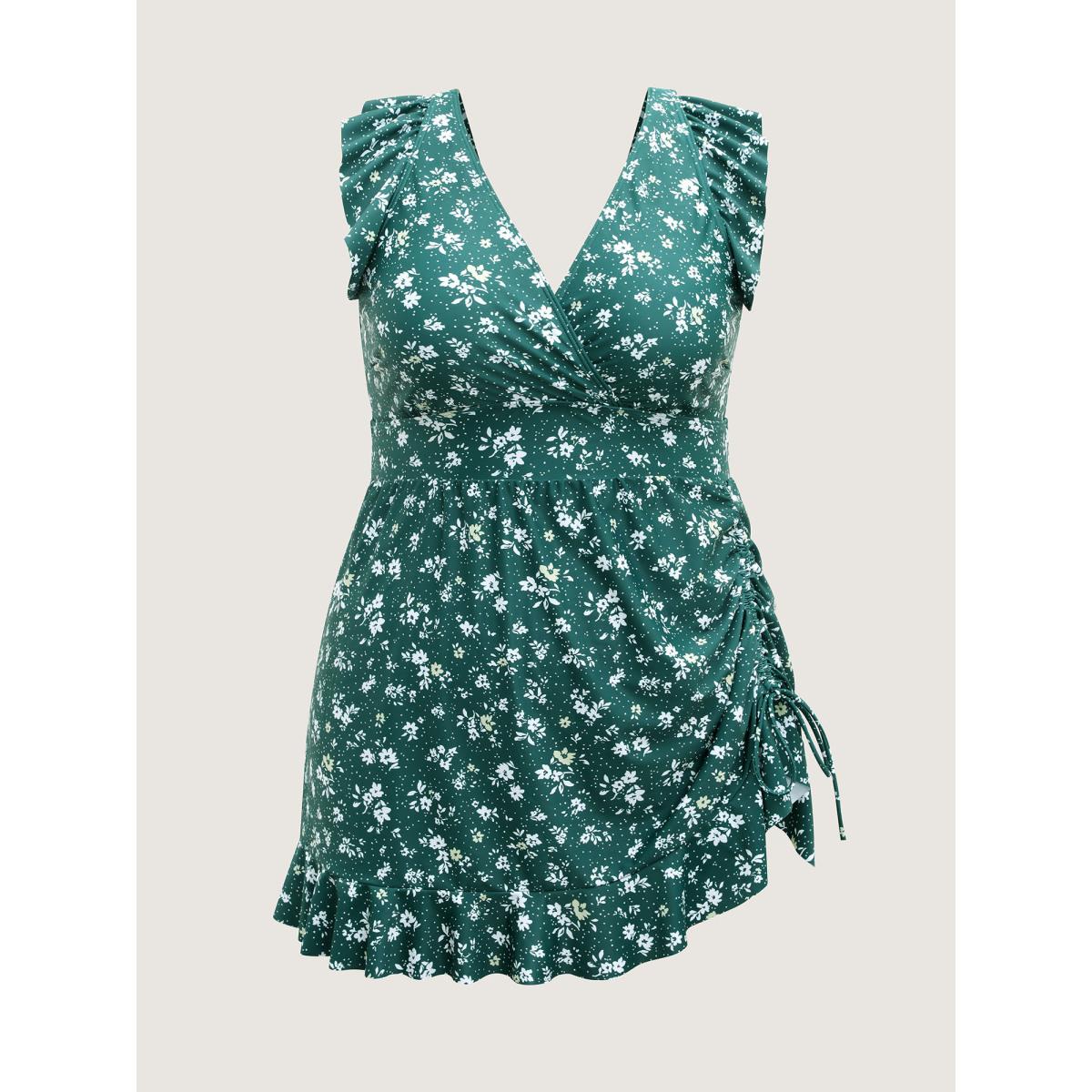 Plus Size Ditsy Floral Print Drawstring Swim Dress Women's Swimwear DarkGreen Resort Bodycon Overlap Collar High stretch Curve Swim Dresses BloomChic 10/M Product Image