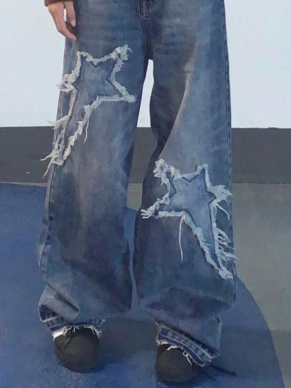 Star Patch Distressed Blue Boyfriend Jeans Product Image
