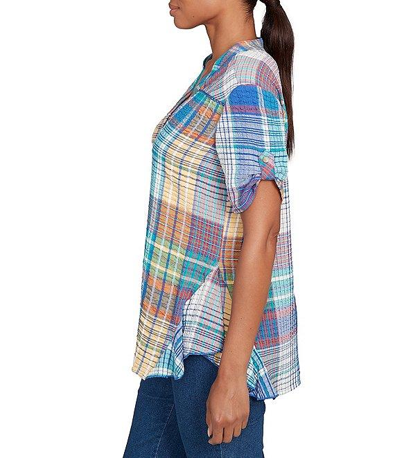 Ruby Rd. Petite Size Soft Crinkle Plaid Y-Neck Short Button-Tab Sleeve Button-Front Shirt Product Image