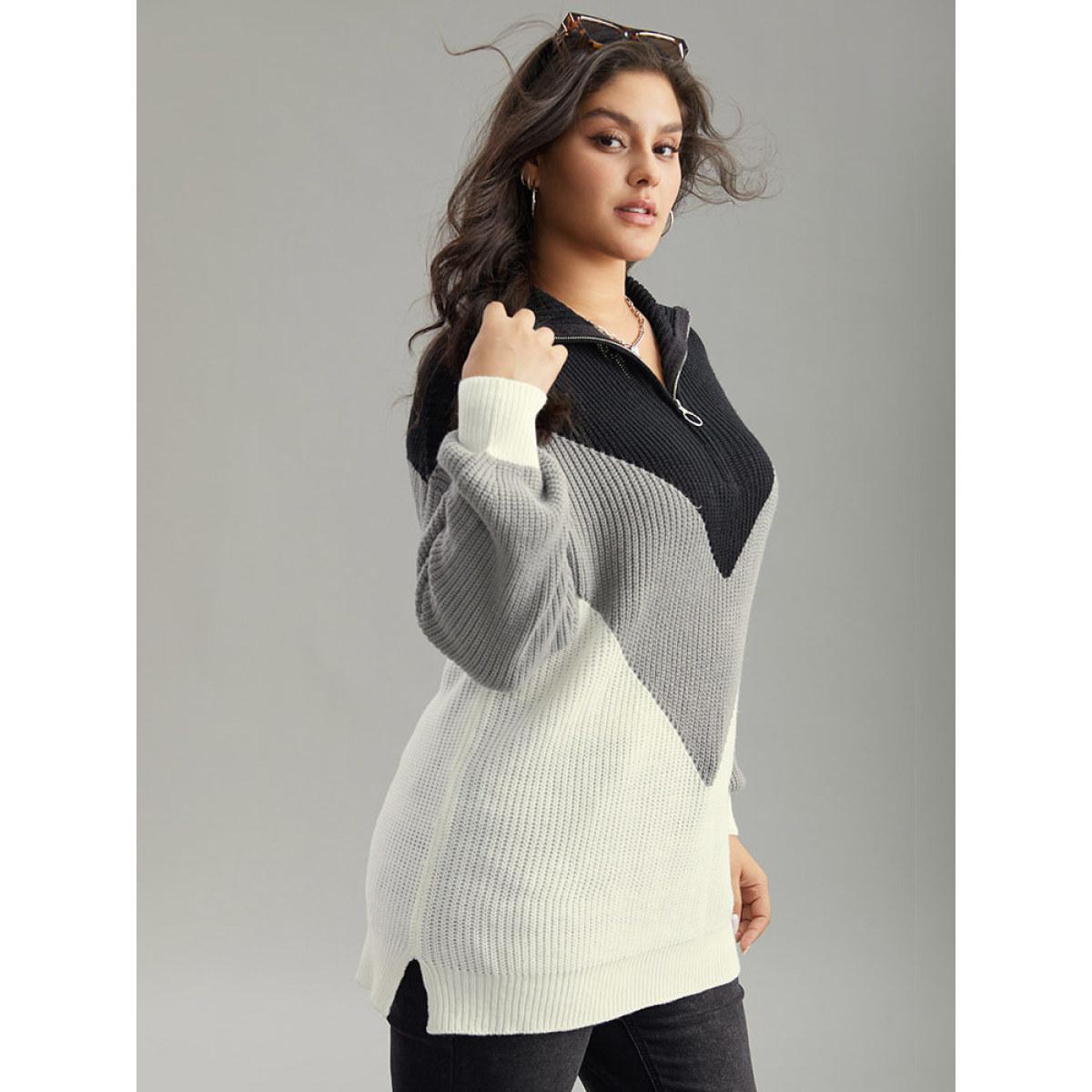 Plus Size Colorblock Patchwork Zipper Lapel Collar Pullover Multicolor Women Casual Long Sleeve Lapel Collar Everyday Pullovers BloomChic 30/6X Product Image