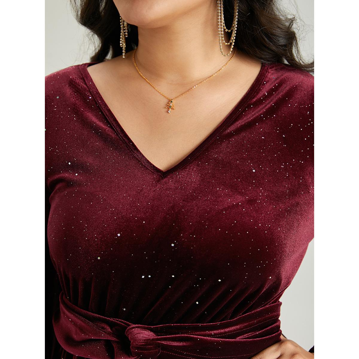 Plus Size Scarlet Glitter Sequin Velvet Twist Front V Neck Blouse Women Cocktail Long Sleeve V-neck Party Blouses BloomChic 14-16/1X Product Image