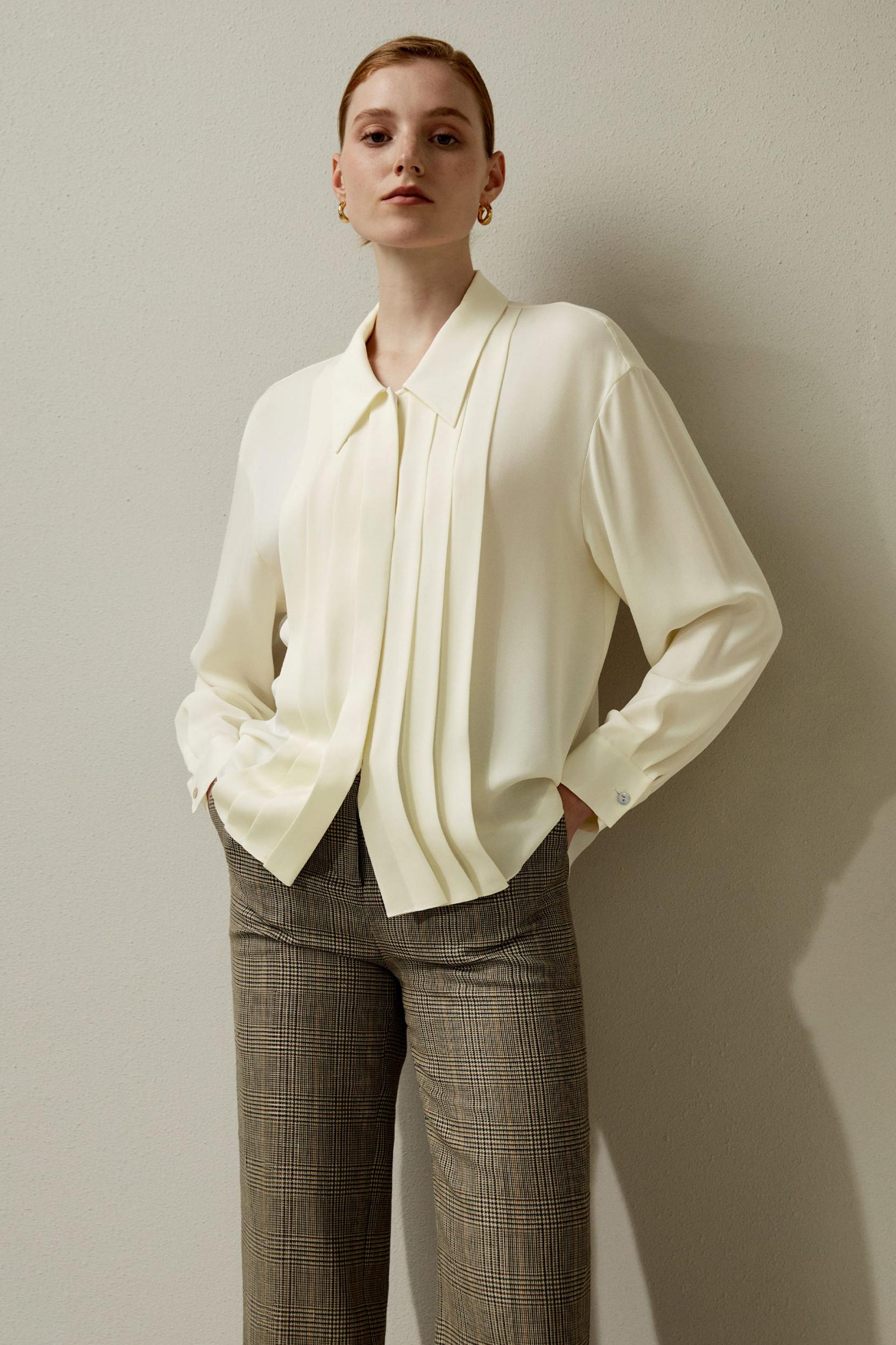 Pleated Point Collar Silk Blouse Product Image