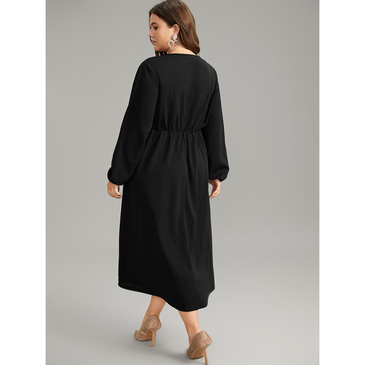 Plus Size Contrast Webbing Wrap Pocket Split Hem Dress Black Women Glamour Elastic cuffs V-neck Long Sleeve Curvy Midi Dress BloomChic 18-20/2X Product Image