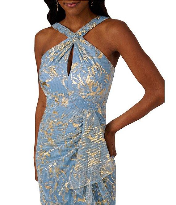Adrianna Papell Metallic Crinkle Chiffon Halter Front Keyhole Column Gown Product Image