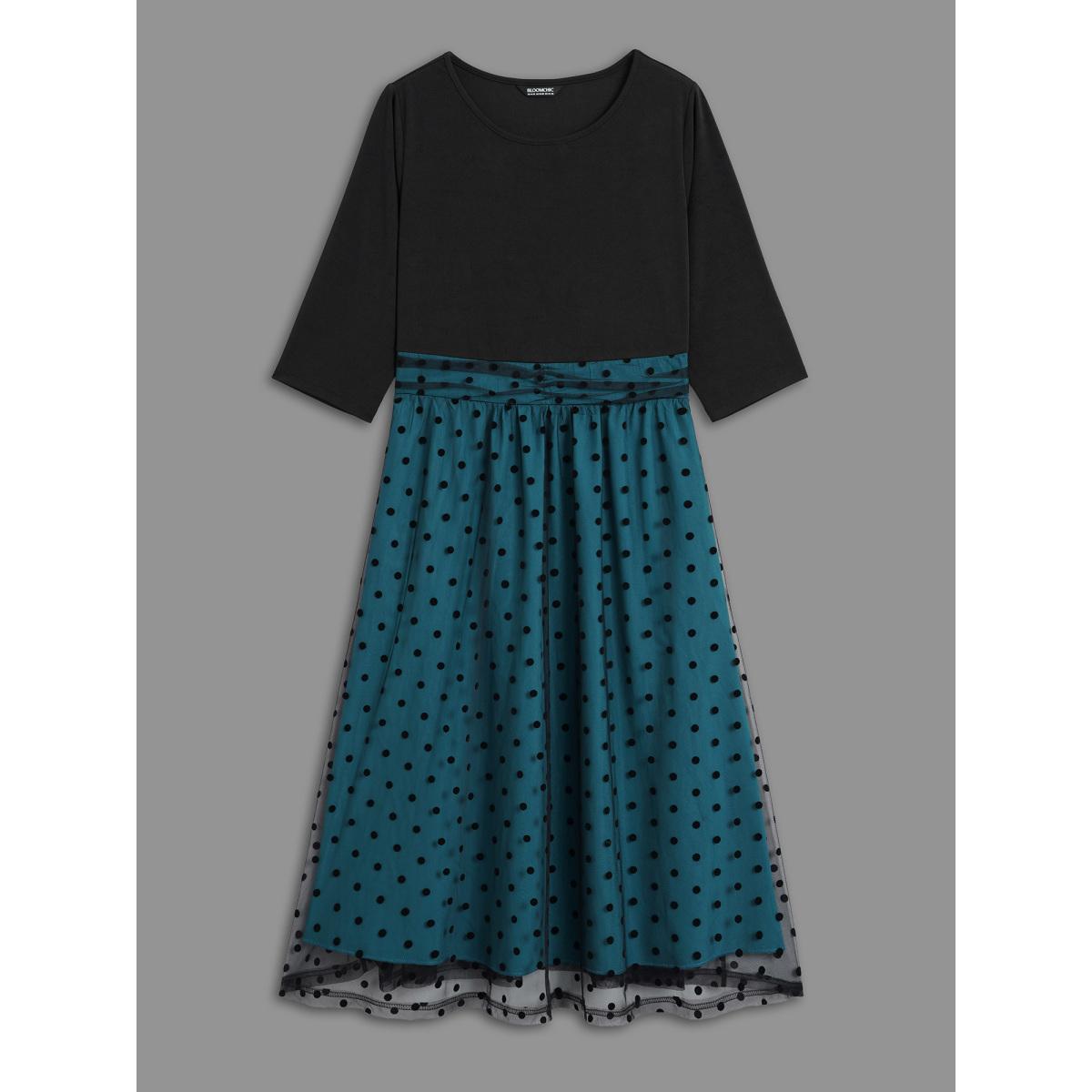 Plus Size Polka Dot Flocking Mesh Patchwork Dress Teal Women Elegant Gathered Round Neck Elbow-length sleeve Curvy BloomChic 22-24/3X Product Image