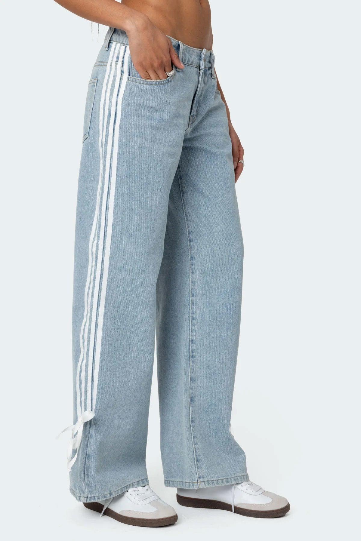 Ribbon Washed Low Rise Baggy Jeans Product Image