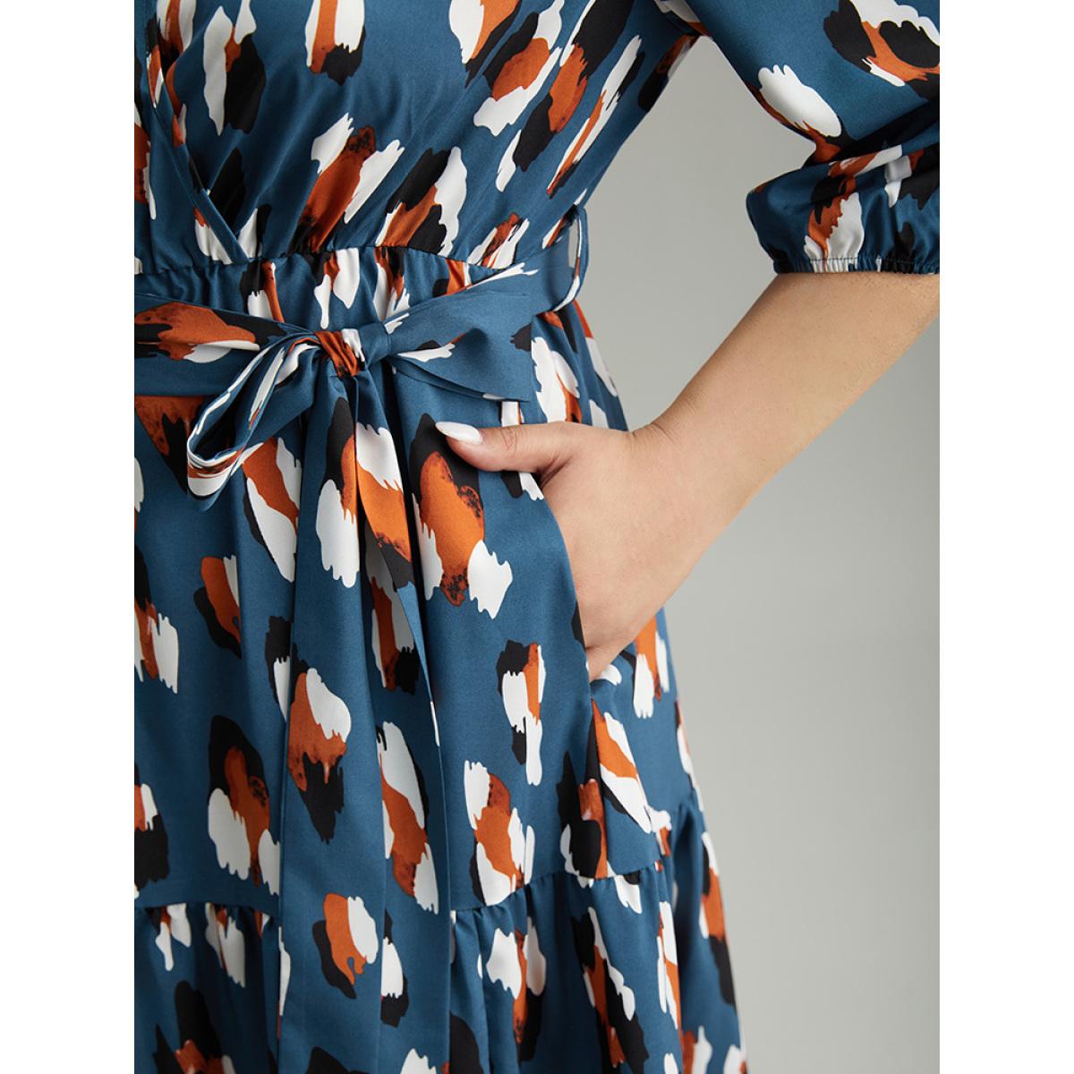Plus Size Allover Print Ruffle Layered Hem Wrap Belted Dress Cerulean Women Office Elastic cuffs Overlap Collar Elbow-length sleeve Curvy Midi Dress BloomChic 28/5X Product Image