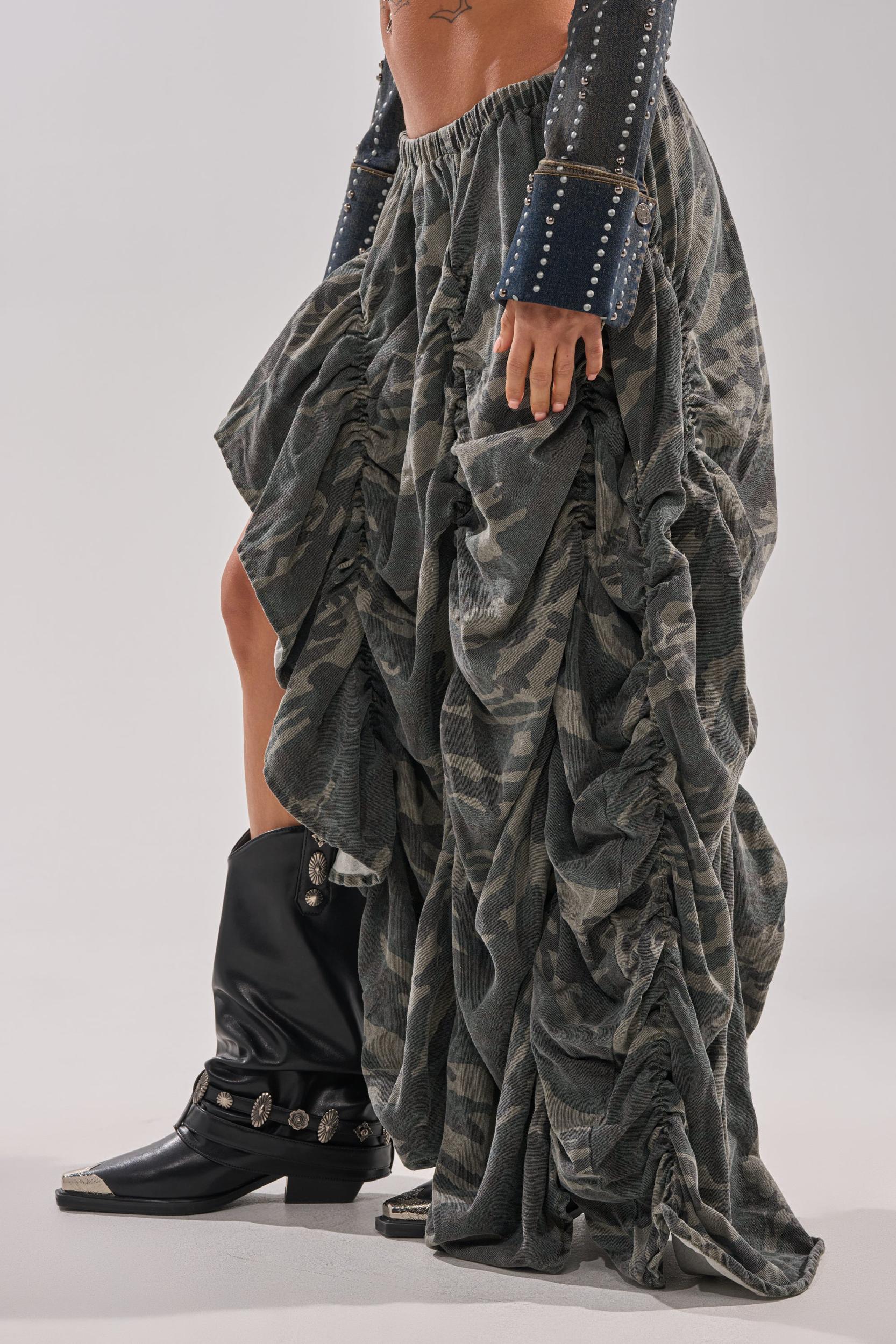 LETS CHANGE IT UP RUCHED MIDI SKIRT IN CAMO Product Image