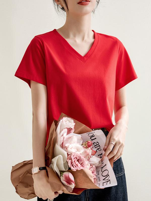 Loose Short Sleeves Solid Color V-Neck T-Shirts Tops Product Image