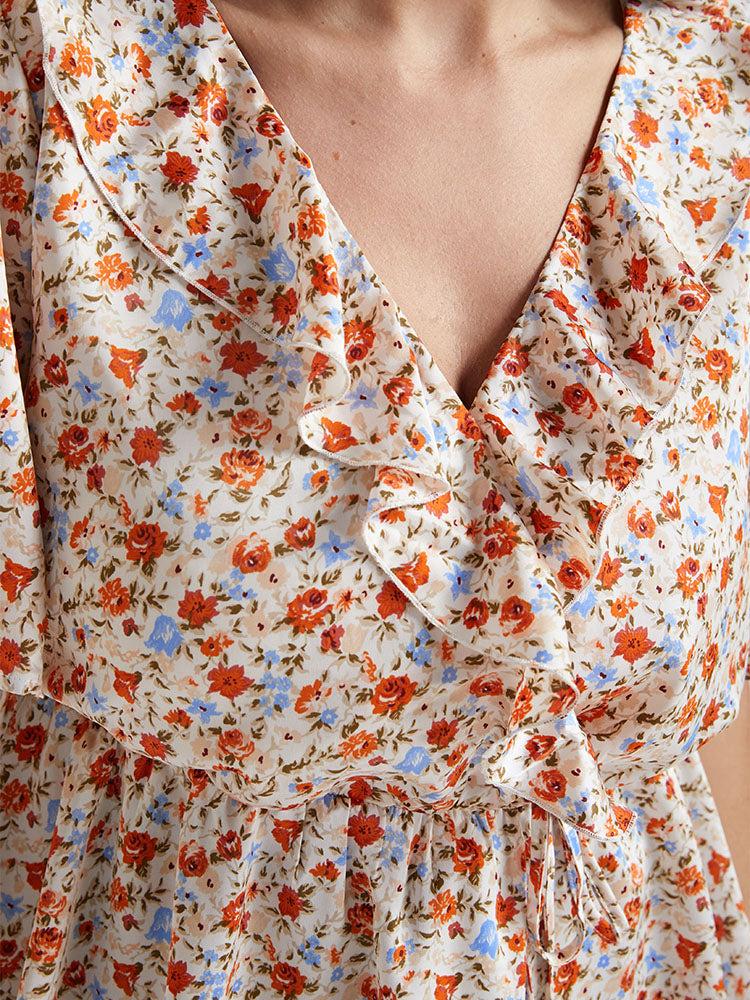 Ditsy Floral V Neck Ruffle Tie Front Blouse Female Product Image
