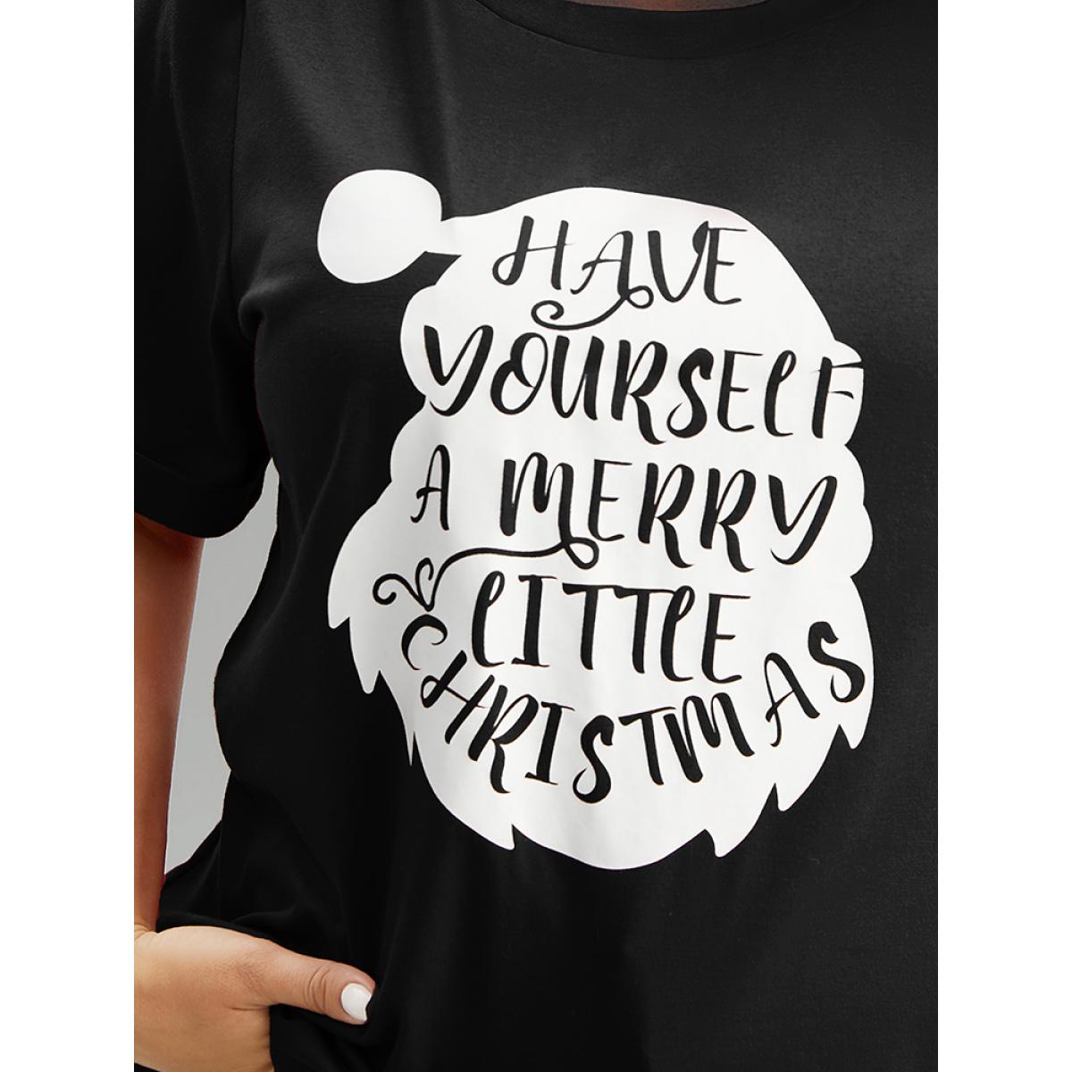 Plus Size Christmas Print Round Neck Roll Sleeve T-shirt Black Women Casual Printed Christmas Festival-Christmas T-shirts BloomChic 28/5X Product Image