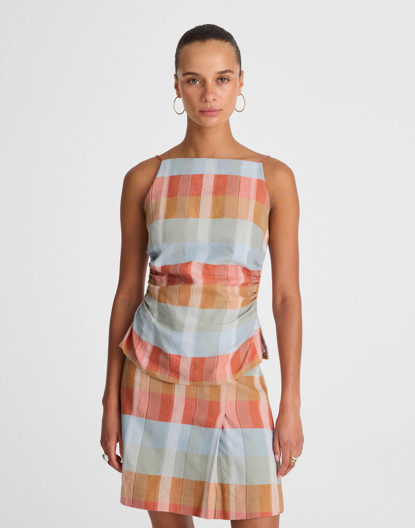 Ruched Squareneck Tank in Linen-Cotton Product Image