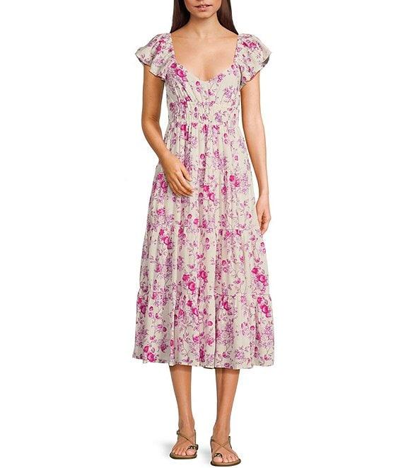 TCEC Flutter Sleeve Floral Printed Back Cutout Linen Blend Midi Dress Product Image