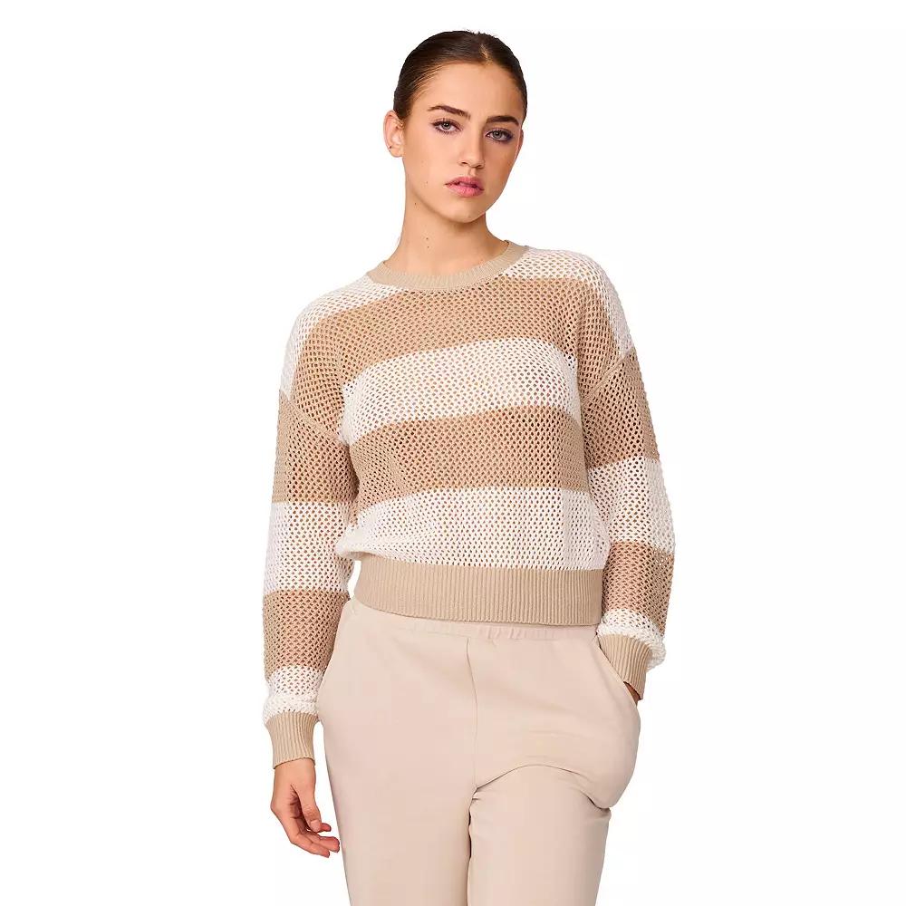 Women's Grey & Gray Open-Stitch Crewneck Sweater, Size: Large, Feather Gray Stripe Product Image