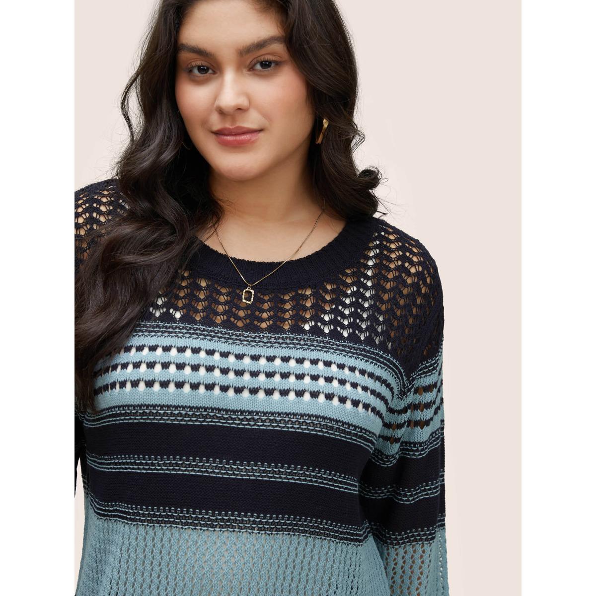 Plus Size Striped Colorblock Patchwork Split Side Pullover LightBlue Women Casual Long Sleeve Round Neck Everyday Pullovers BloomChic 10/M Product Image