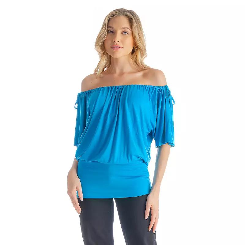Women's 24Seven Comfort Apparel Solid Short Sleeve Split Shoulder Top,  Product Image