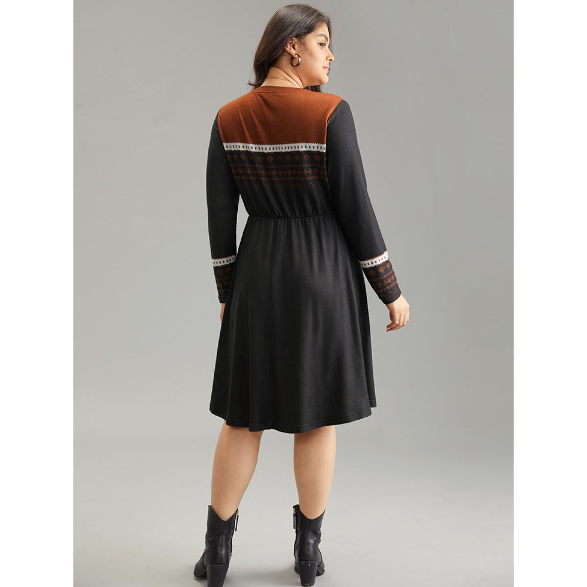 Plus Size Boho Geometric Print Contrast Elastic Waist Dress Black Women Casual Printed Round Neck Long Sleeve Curvy Midi Dress BloomChic 14-16/1X Product Image