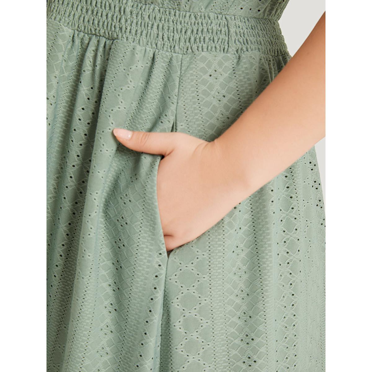 Plus Size Geometric Eyelet Pocket Button Detail Shirred Dress Sage Women Office Elastic cuffs V-neck Short sleeve Curvy Midi Dress BloomChic 14-16/1X Product Image